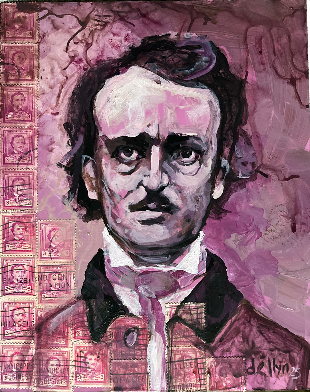 purple color scheme portrait of Edgar Allan Poe with 1949 postage stamps collaged under paint