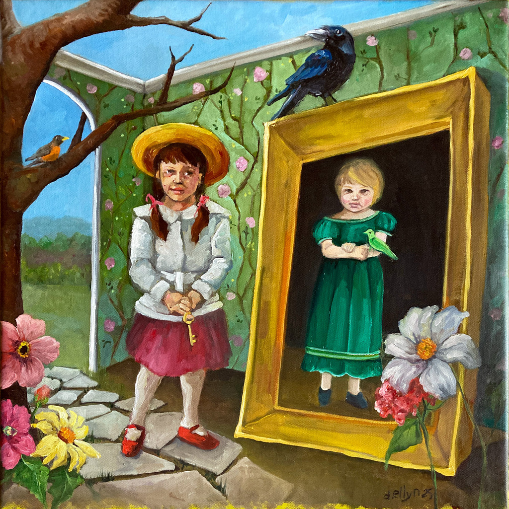 Oil painting of a girl holding a key near a portrait of her past self, with a crow, robin, and a path leading to a garden.