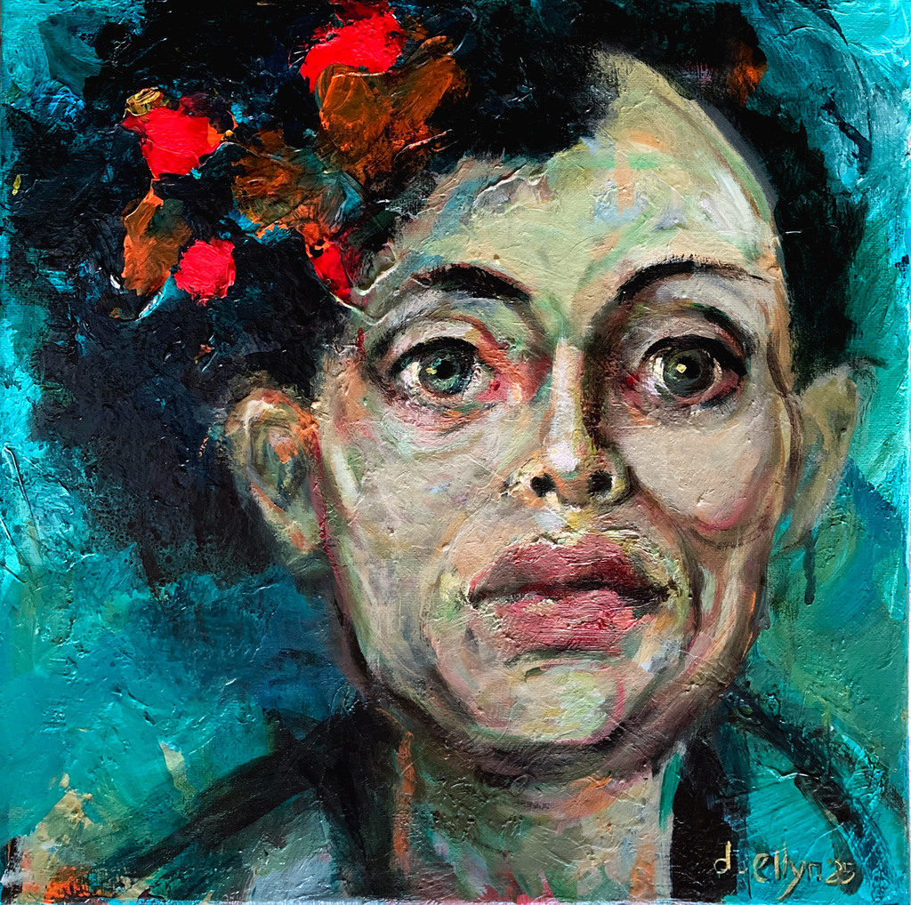 Expressive portrait of a woman with wide eyes, flushed cheeks, and red flowers in her dark hair, set against a vivid teal background.