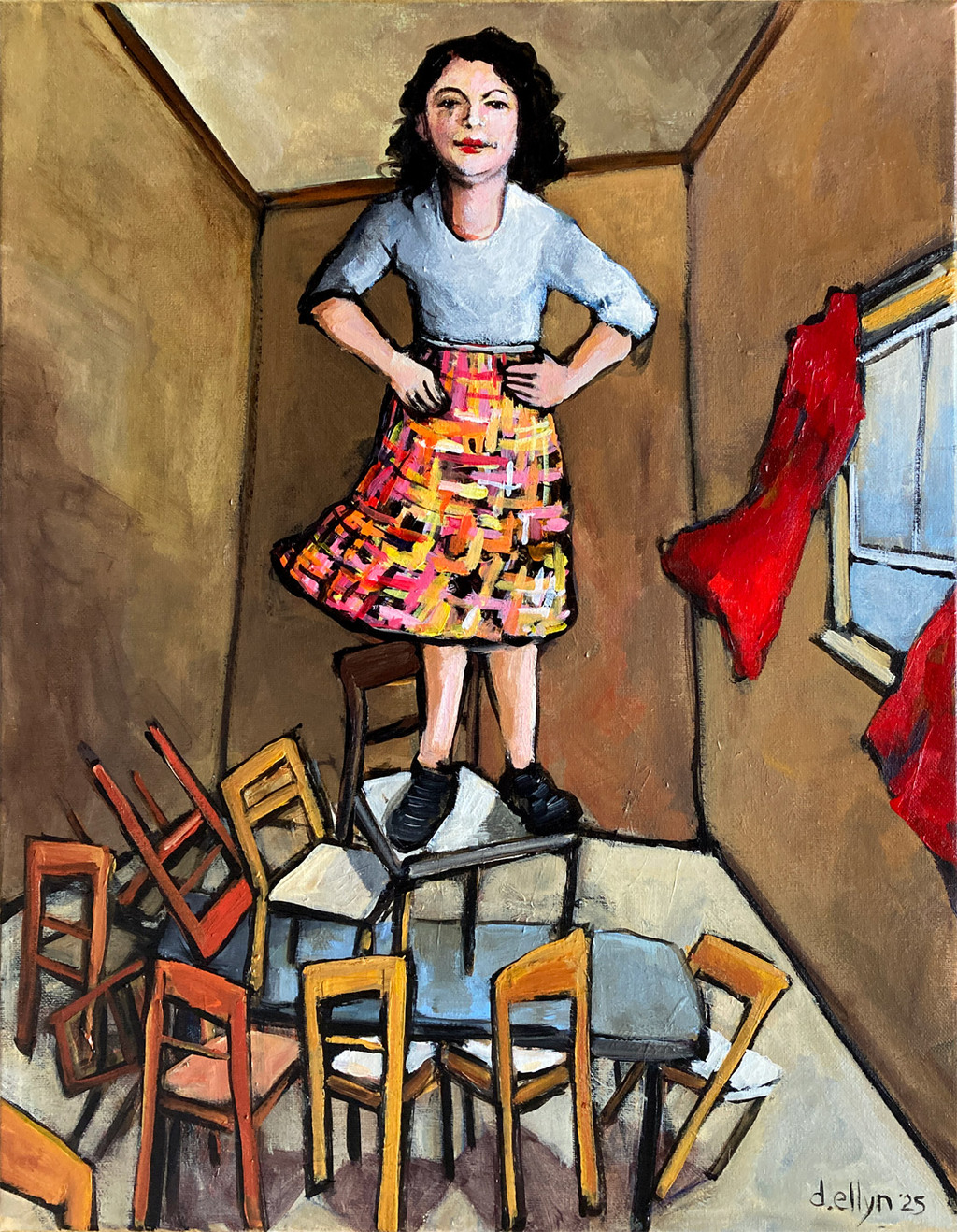 A bold woman stands atop chairs in a defiant stance—claiming her space in Seat at the Table, a feminist oil painting by Dana Ellyn.