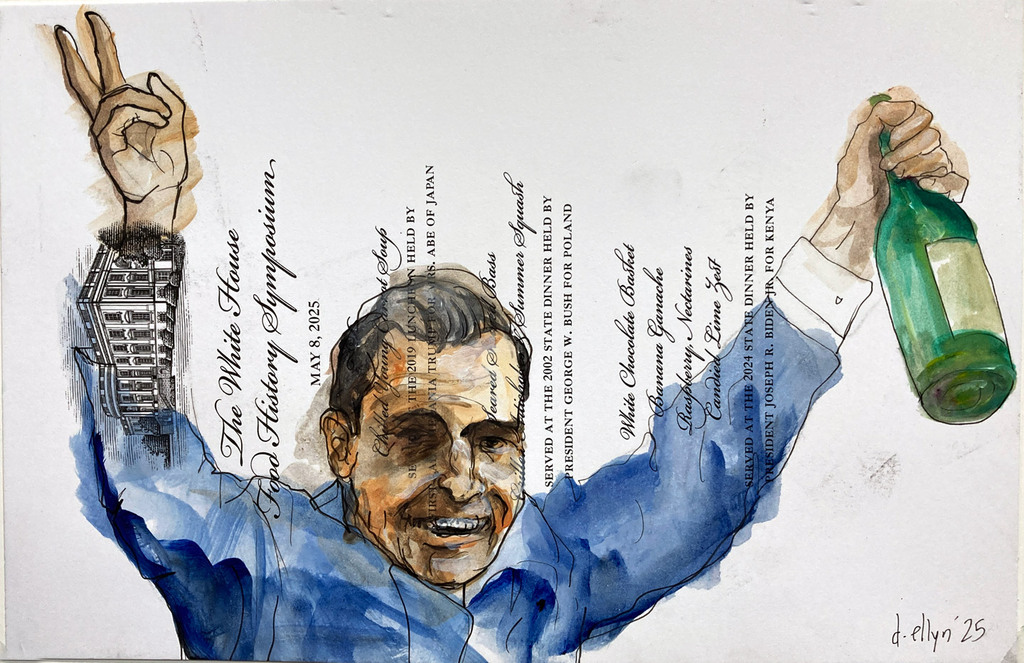 A cheeky, expressive portrait channeling Nixon’s infamous exit, layered over a historic White House food symposium menu.