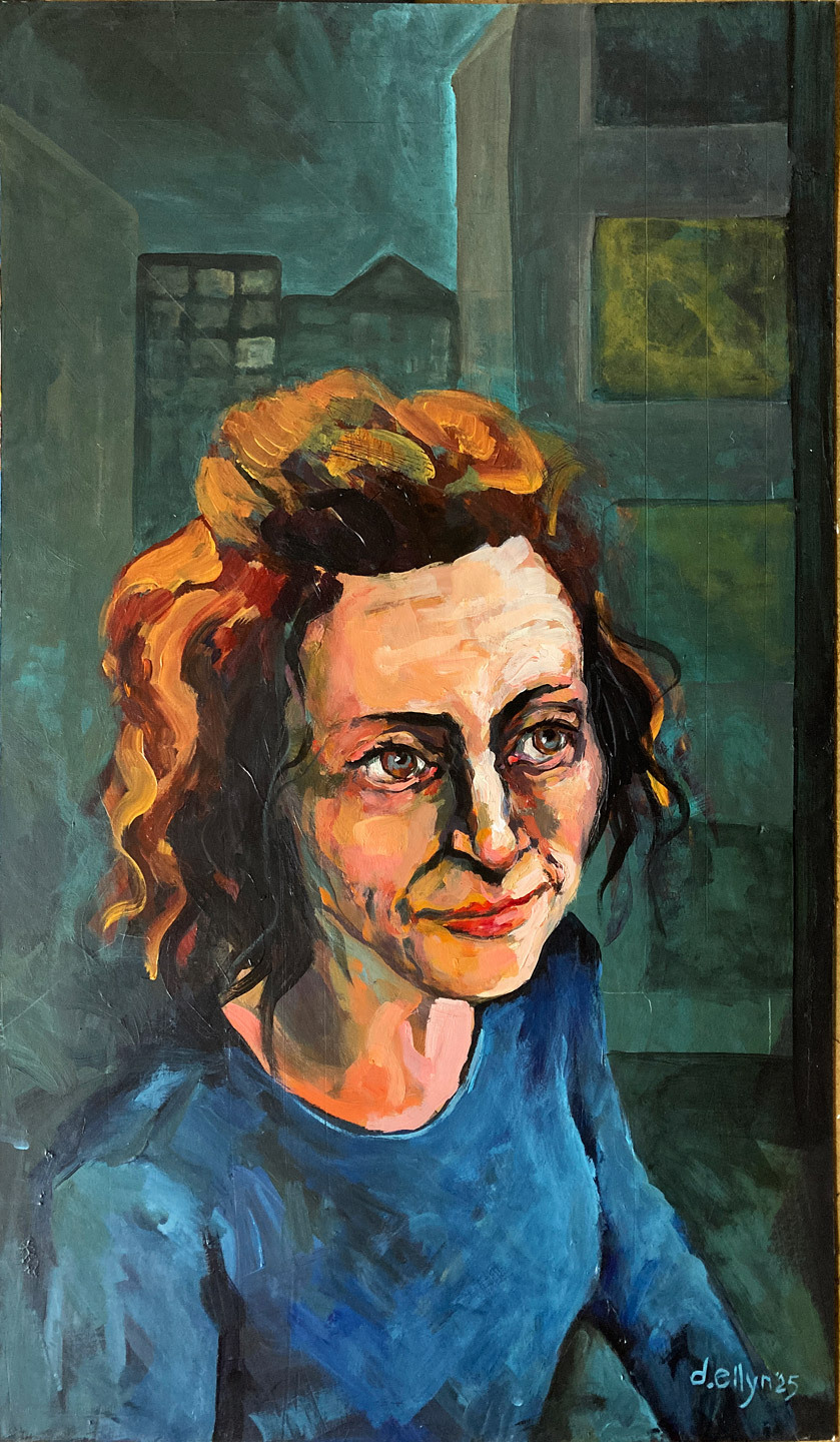 Expressive portrait of a woman with wide eyes, flushed cheeks, and red flowers in her dark hair, set against a vivid teal background.